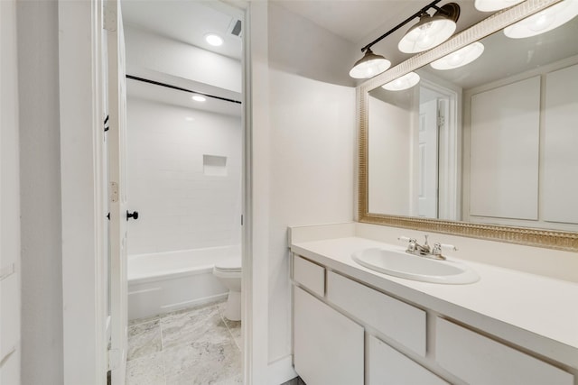 full bath with bathtub / shower combination, toilet, and vanity