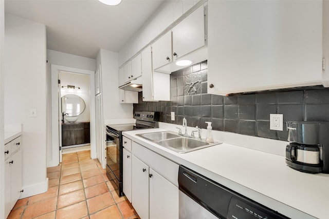 kitchen with light countertops, backsplash, a sink, dishwasher, and black / electric stove