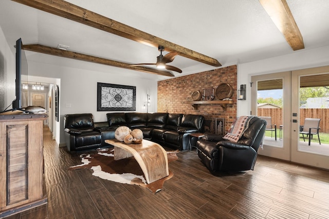 living room featuring ceiling fan, french doors, beamed ceiling, and dark wood finished floors
