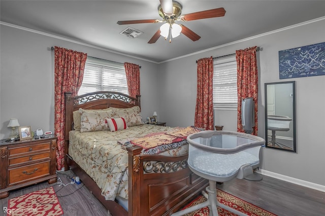 1806 Ray Ave, Bossier City, LA 71112 - bedroom with ceiling fan, ornamental molding, visible vents, wood finished floors, and baseboards