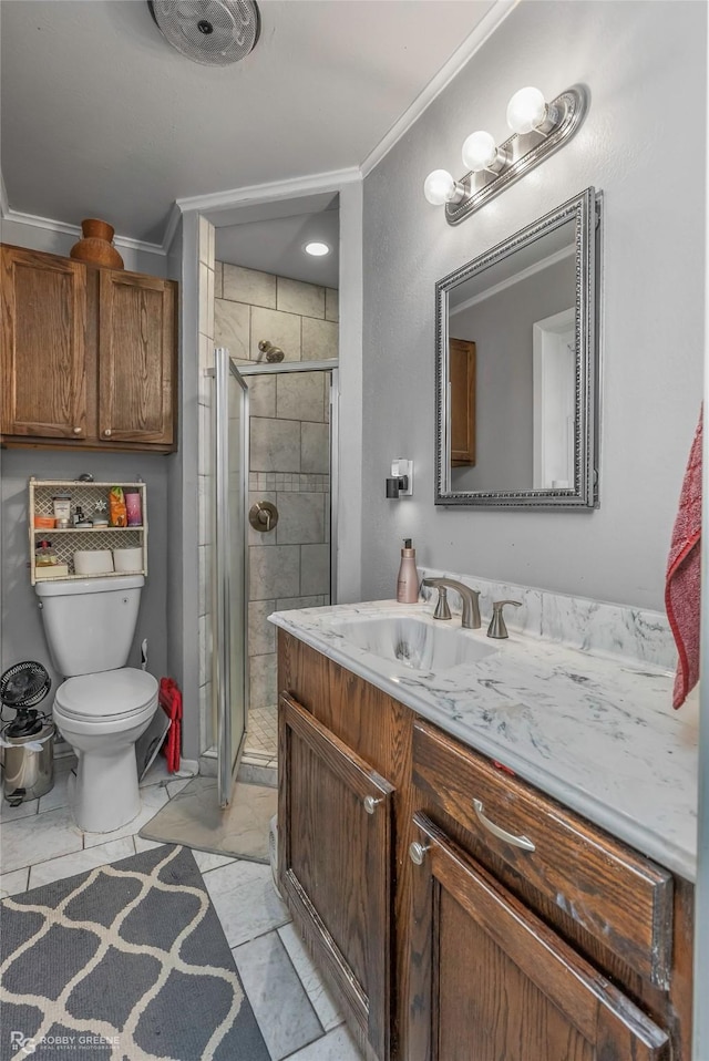 1806 Ray Ave, Bossier City, LA 71112 - full bathroom featuring ornamental molding, toilet, a stall shower, and vanity