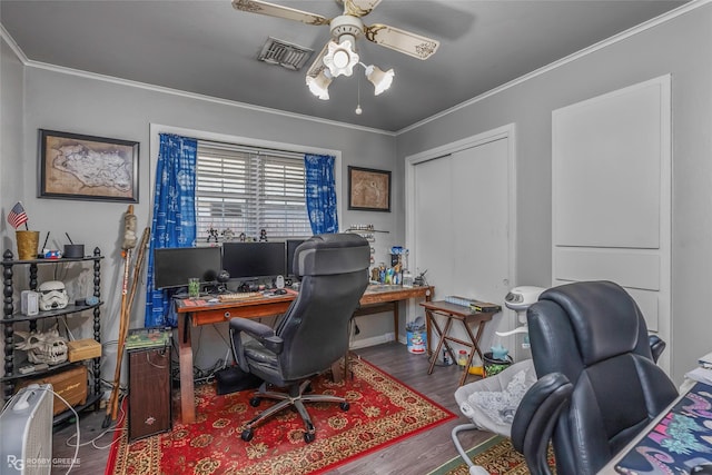 1806 Ray Ave, Bossier City, LA 71112 - office featuring crown molding, wood finished floors, a ceiling fan, and visible vents