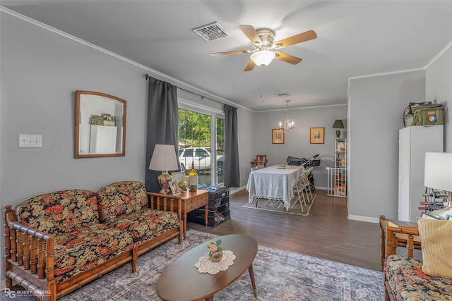 1806 Ray Ave, Bossier City, LA 71112 - living area featuring crown molding, wood finished floors, ceiling fan with notable chandelier, and visible vents