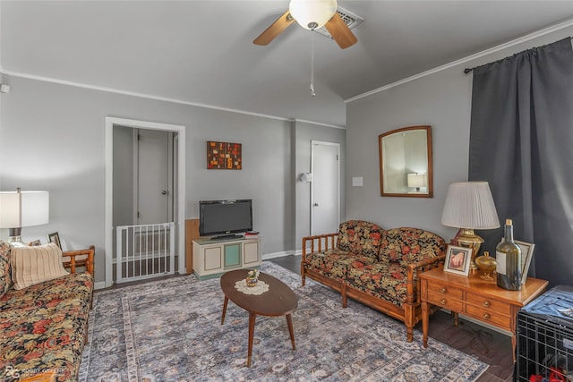 1806 Ray Ave, Bossier City, LA 71112 - living area featuring baseboards, a ceiling fan, ornamental molding, and wood finished floors