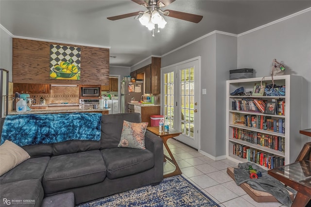 1806 Ray Ave, Bossier City, LA 71112 - living room featuring ceiling fan, baseboards, crown molding, and light tile patterned flooring