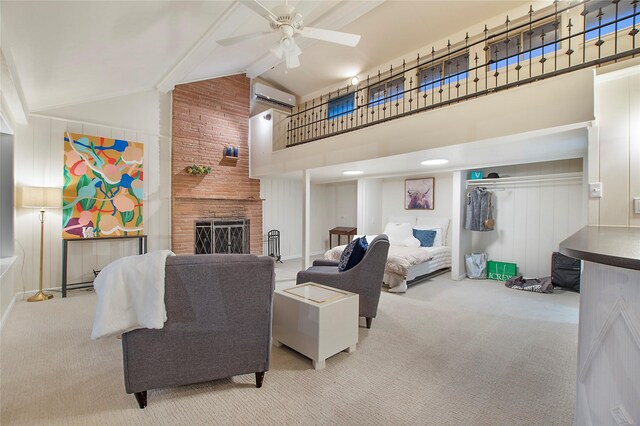 carpeted living room featuring high vaulted ceiling, a ceiling fan, a fireplace, a wall unit AC, and beamed ceiling