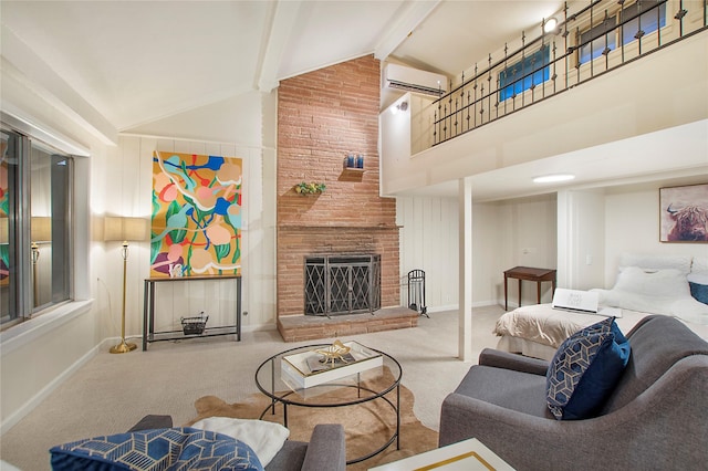 carpeted living room with a wall mounted AC, high vaulted ceiling, baseboards, beamed ceiling, and a fireplace