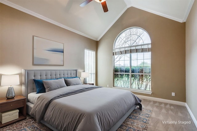 2212 Stone Creek Dr, Mckinney, TX 75072 - carpeted bedroom with baseboards, crown molding, lofted ceiling, and ceiling fan
