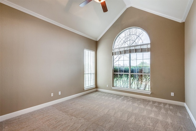 2212 Stone Creek Dr, Mckinney, TX 75072 - carpeted spare room with ceiling fan, ornamental molding, lofted ceiling, and baseboards