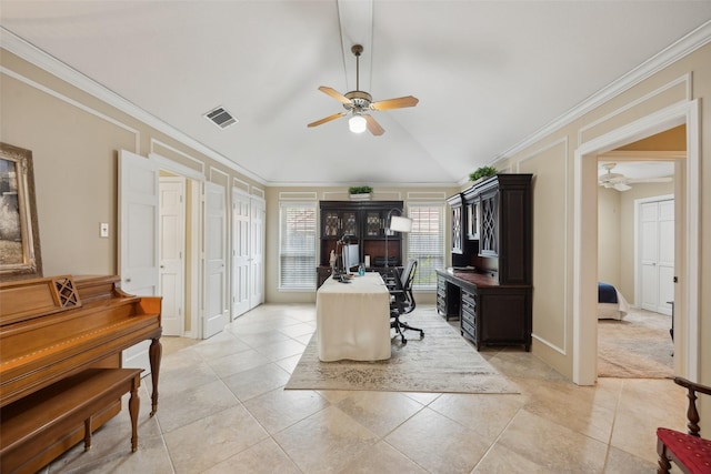 2002 Thames Dr, Arlington, TX 76017 - office area featuring a ceiling fan, crown molding, lofted ceiling, and light tile patterned flooring