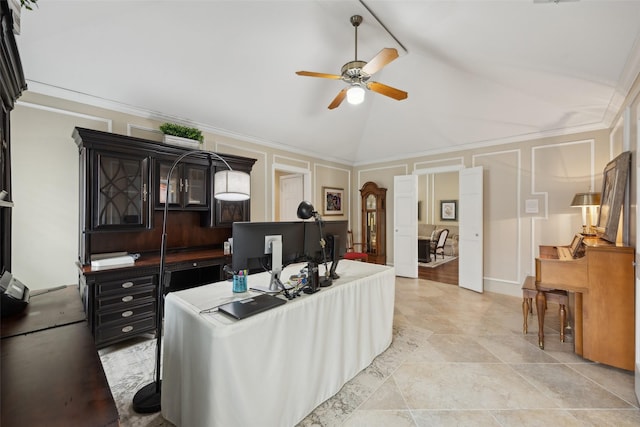 2002 Thames Dr, Arlington, TX 76017 - office space with a ceiling fan, vaulted ceiling, and ornamental molding
