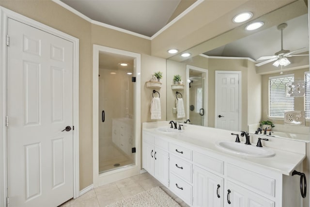 2002 Thames Dr, Arlington, TX 76017 - full bathroom with a shower stall, double vanity, ceiling fan, tile patterned flooring, and ornamental molding
