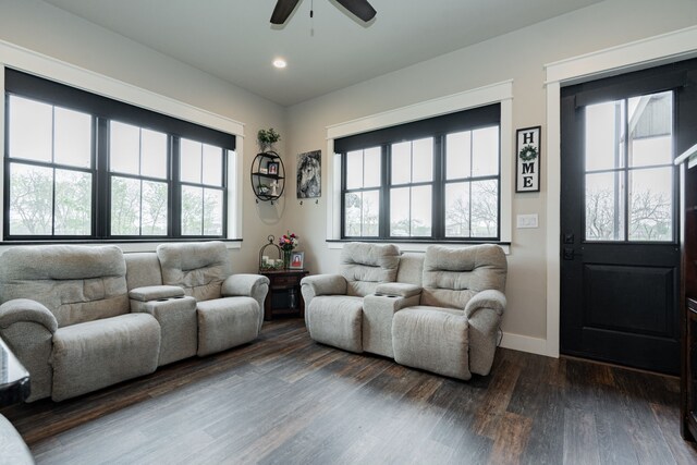 living room with a ceiling fan, dark wood-style floors, baseboards, and recessed lighting