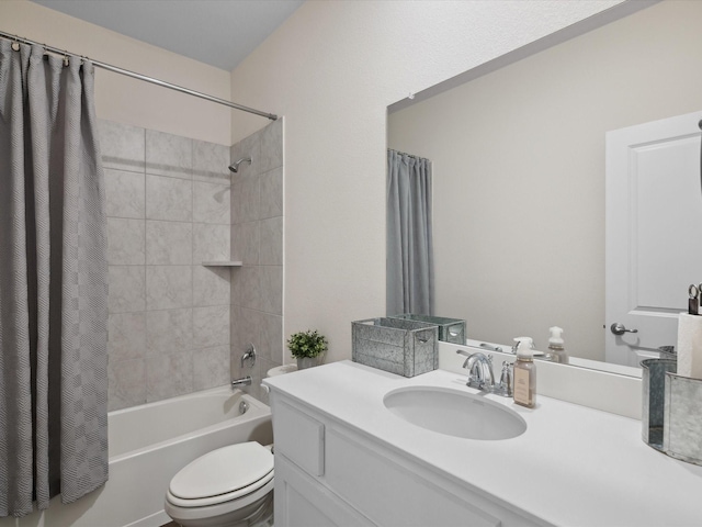 bathroom featuring shower / bath combination with curtain, vanity, and toilet
