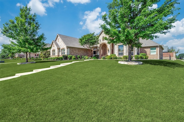 1891 Fostermill Dr, Prosper, TX 75078 - view of front of home with a front lawn, stone siding, and brick siding