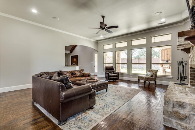 1891 Fostermill Dr, Prosper, TX 75078 - living area featuring arched walkways, ceiling fan, ornamental molding, baseboards, and recessed lighting