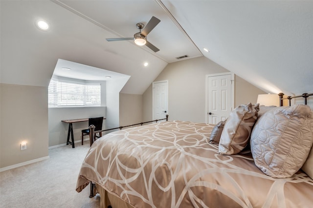 4816 Cape Coral Dr, Dallas, TX 75287 - bedroom featuring light colored carpet, visible vents, baseboards, and vaulted ceiling