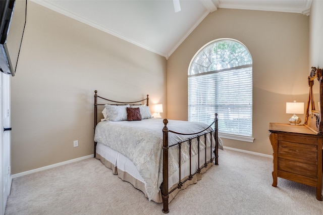 4816 Cape Coral Dr, Dallas, TX 75287 - bedroom with lofted ceiling, crown molding, baseboards, and light colored carpet