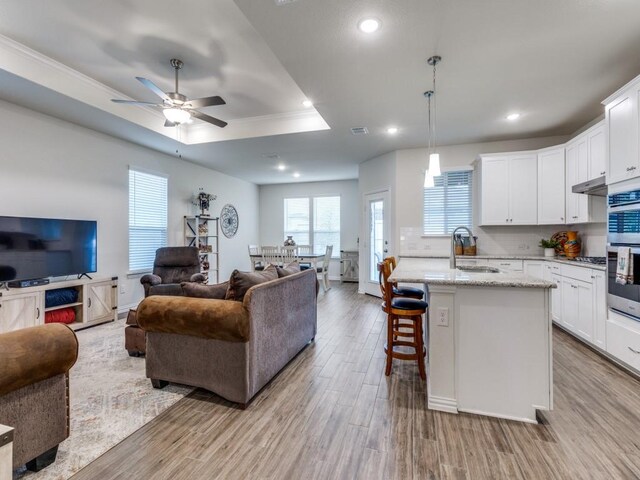 living room featuring recessed lighting, a raised ceiling, a ceiling fan, and light wood finished floors