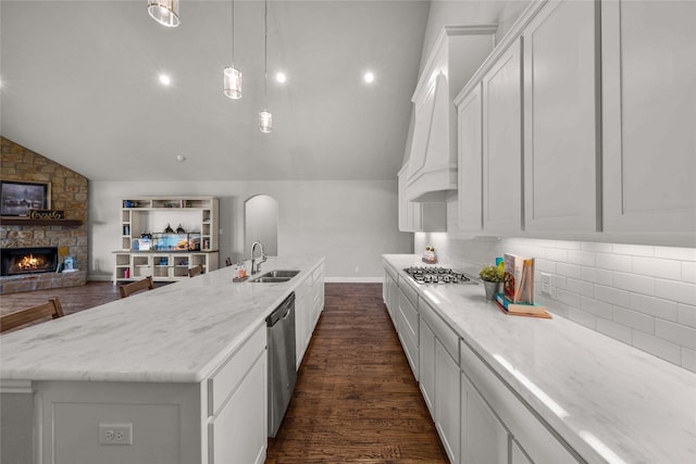 12756 Aspen Springs Ln, Fort Worth, TX 76052 - kitchen featuring a sink, appliances with stainless steel finishes, lofted ceiling, custom exhaust hood, and dark wood-type flooring