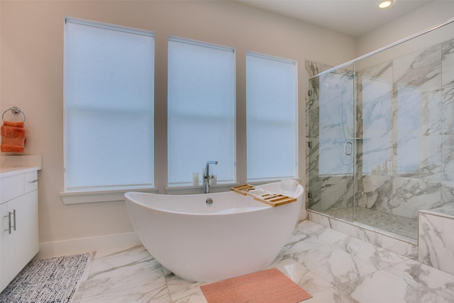 bathroom featuring a marble finish shower, a soaking tub, marble finish floor, baseboards, and recessed lighting