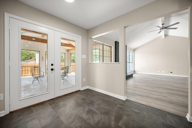 doorway to outside featuring french doors, baseboards, vaulted ceiling, and a ceiling fan