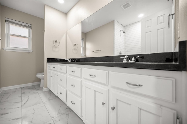 full bath featuring tiled shower, toilet, baseboards, visible vents, and marble finish floor