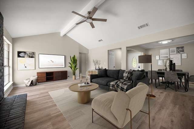 living area featuring a ceiling fan, wood finished floors, lofted ceiling with beams, baseboards, and visible vents