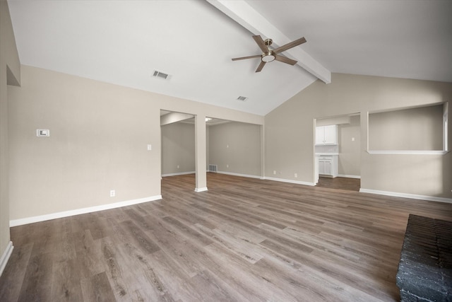 unfurnished living room with vaulted ceiling with beams, baseboards, visible vents, a ceiling fan, and wood finished floors