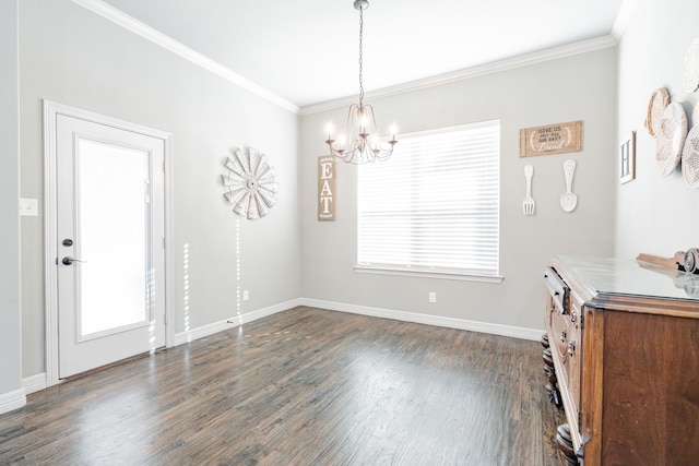 unfurnished dining area with a healthy amount of sunlight, a chandelier, crown molding, and dark wood finished floors