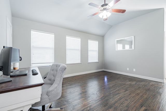 office area featuring baseboards, lofted ceiling, ceiling fan, and dark wood finished floors