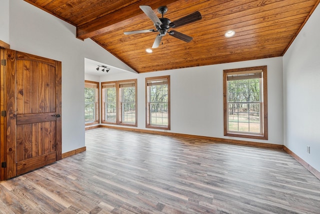 unfurnished living room featuring wood ceiling, lofted ceiling with beams, wood finished floors, baseboards, and ceiling fan