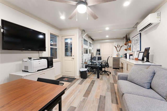 327 Barnes Bridge Rd, Sunnyvale, TX 75182 - living room featuring recessed lighting, a ceiling fan, a wall mounted AC, and light wood-style floors