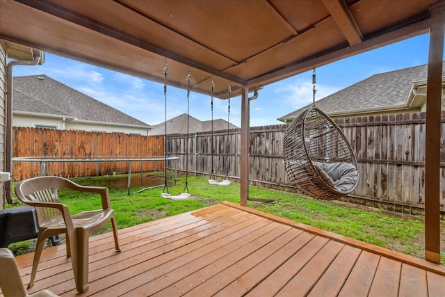 deck with a fenced backyard and a lawn