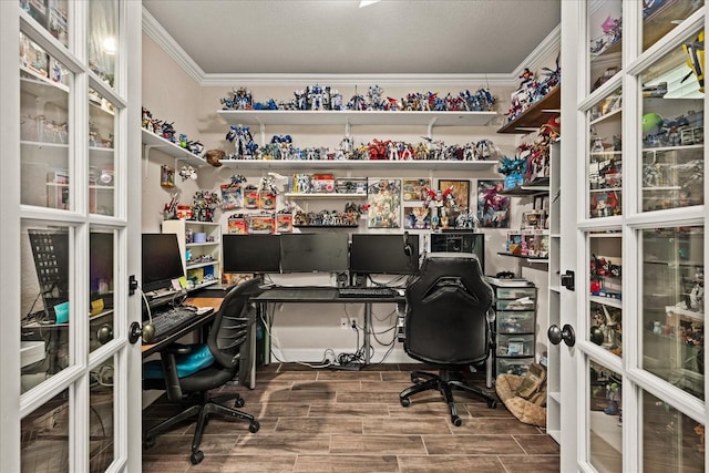 office area featuring crown molding and wood finish floors