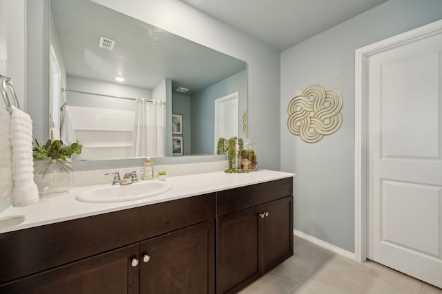 2728 Starwater Dr, Fort Worth, TX 76179 - bathroom with vanity, curtained shower, baseboards, and visible vents