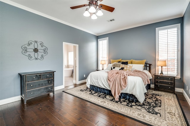 1179 Marquette Dr, Frisco, TX 75033 - bedroom featuring baseboards, wood-type flooring, crown molding, ceiling fan, and ensuite bathroom