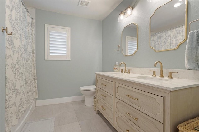 full bath with double vanity, visible vents, toilet, and a sink