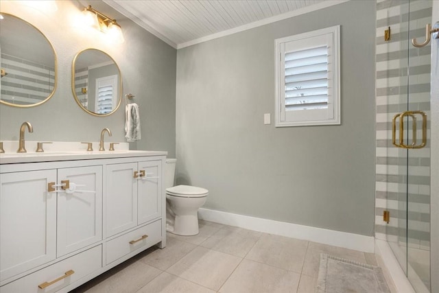 full bath featuring toilet, tile patterned flooring, crown molding, and a shower stall