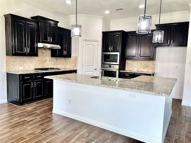 208 Equestrian Ln, Hickory Creek, TX 75065 - kitchen with appliances with stainless steel finishes, dark cabinetry, ornamental molding, a kitchen island with sink, and light stone countertops