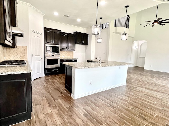 208 Equestrian Ln, Hickory Creek, TX 75065 - kitchen with appliances with stainless steel finishes, ceiling fan, light wood-type flooring, arched walkways, and tasteful backsplash