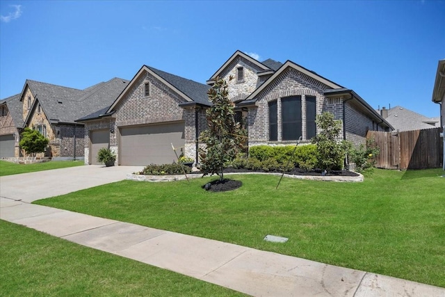 view of front of house featuring brick siding, fence, a front yard, and a garage
