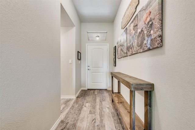 207 Shady Oaks Dr, Runaway Bay, TX 76426 - doorway to outside featuring a textured wall, baseboards, and wood finished floors