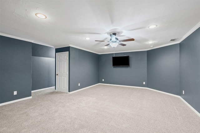 729 Ridgeway Blvd, Weatherford, TX 76086 - empty room featuring ornamental molding, ceiling fan, carpet, recessed lighting, and baseboards