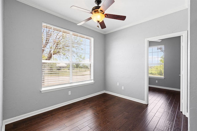 729 Ridgeway Blvd, Weatherford, TX 76086 - unfurnished room with crown molding, dark wood-style floors, a ceiling fan, and baseboards