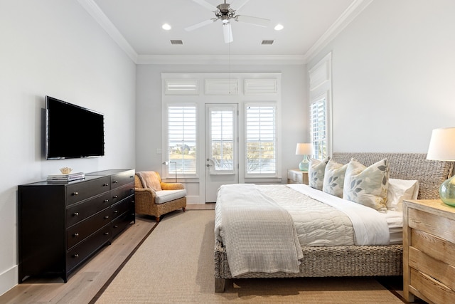 13270 Waterside Dr, Malakoff, TX 75148 - bedroom with multiple windows, light wood-style floors, crown molding, access to exterior, and recessed lighting