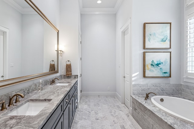 13270 Waterside Dr, Malakoff, TX 75148 - full bathroom featuring crown molding, a bath, double vanity, baseboards, and recessed lighting