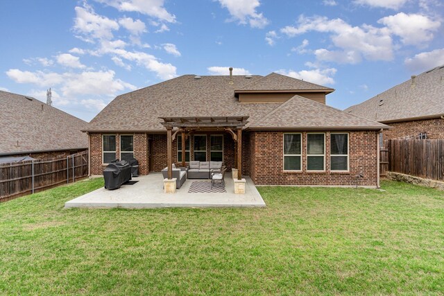 1702 Knollwood Rd, Wylie, TX 75098 - rear view of house featuring a pergola, an outdoor living space, a patio area, brick siding, and roof with shingles