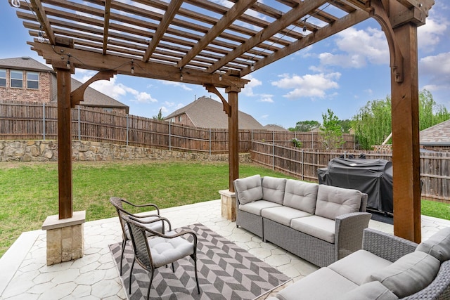 view of patio featuring a fenced backyard, a pergola, an outdoor hangout area, and area for grilling