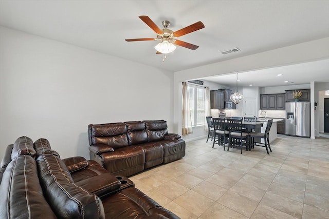 9100 Pearfield Rd, Fort Worth, TX 76179 - living room with recessed lighting, light tile patterned floors, baseboards, visible vents, and a ceiling fan